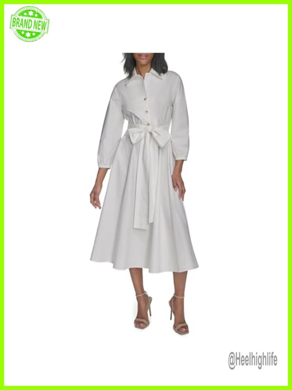 Cotton Poplin Waist Tie Fit & Flare Dress Puff Sleeve